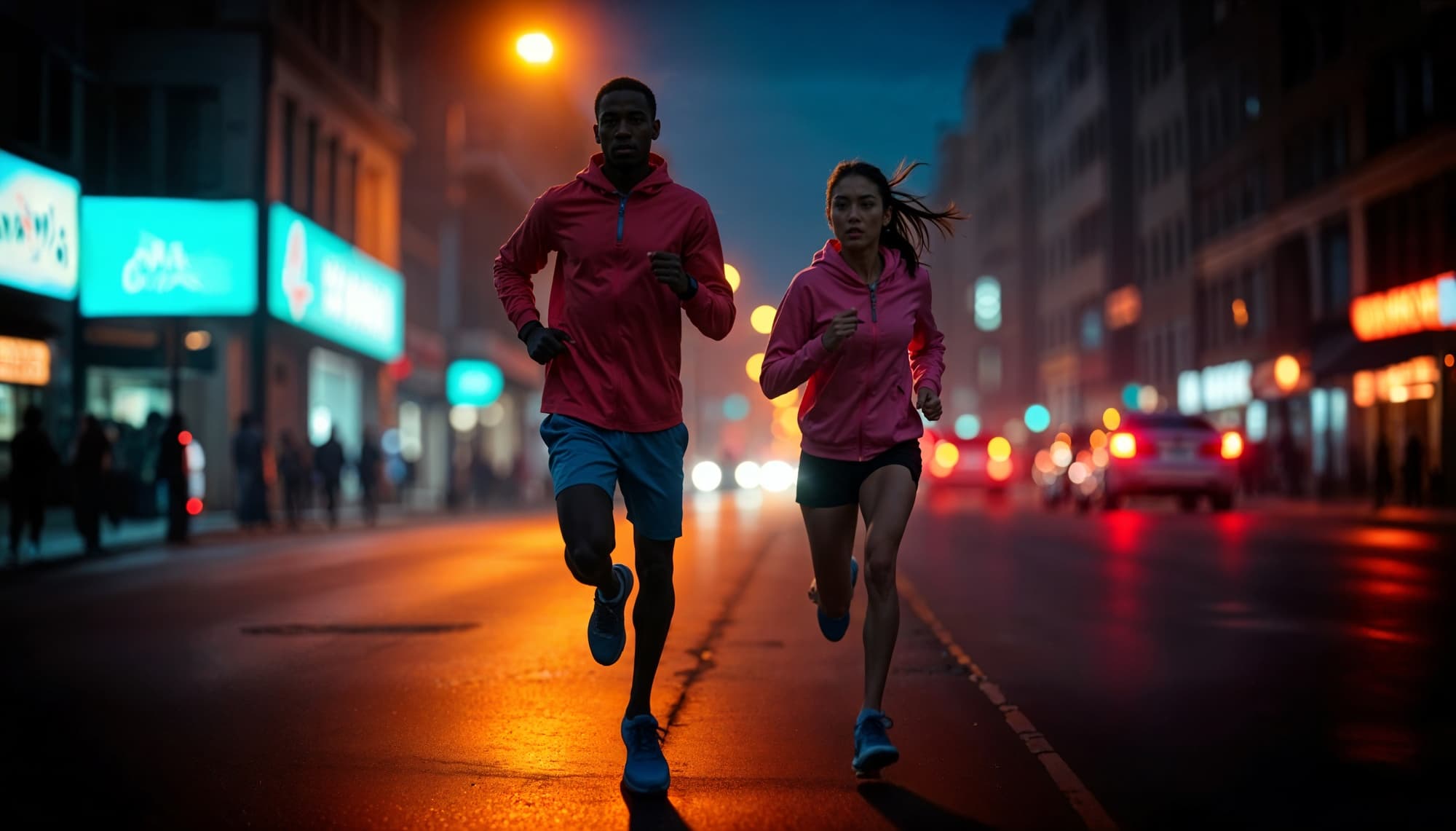 Runners on neon street