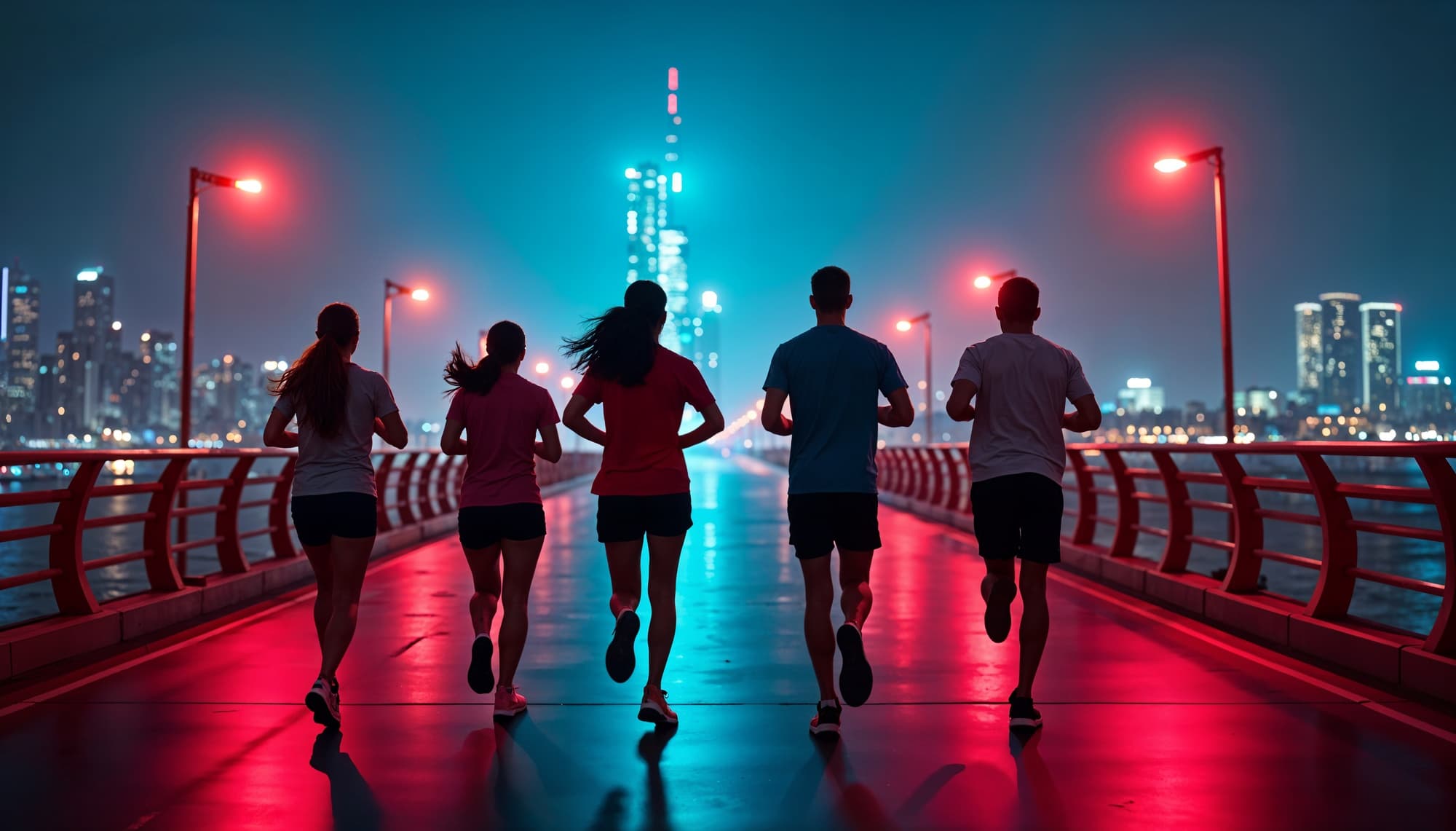 Runners on bridge at night